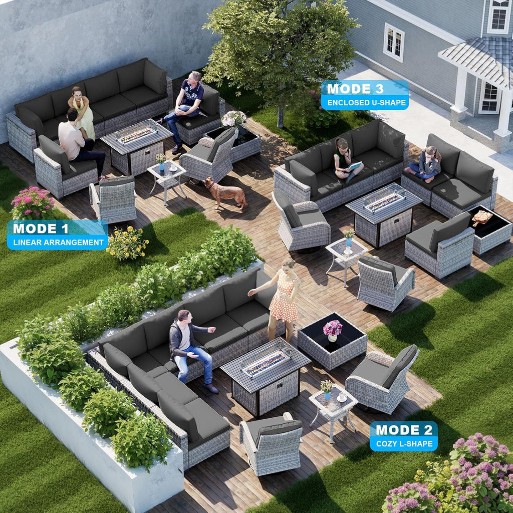 11-Piece Patio Furniture Set, Outdoor Patio Furniture with 55,000 BTU Fire Pit Table, Swivel Chairs Set, Thick Cushions, Modular Patio Sofa, Dual-Strand Wicker Rattan, Rust-Resistant Frame, Black