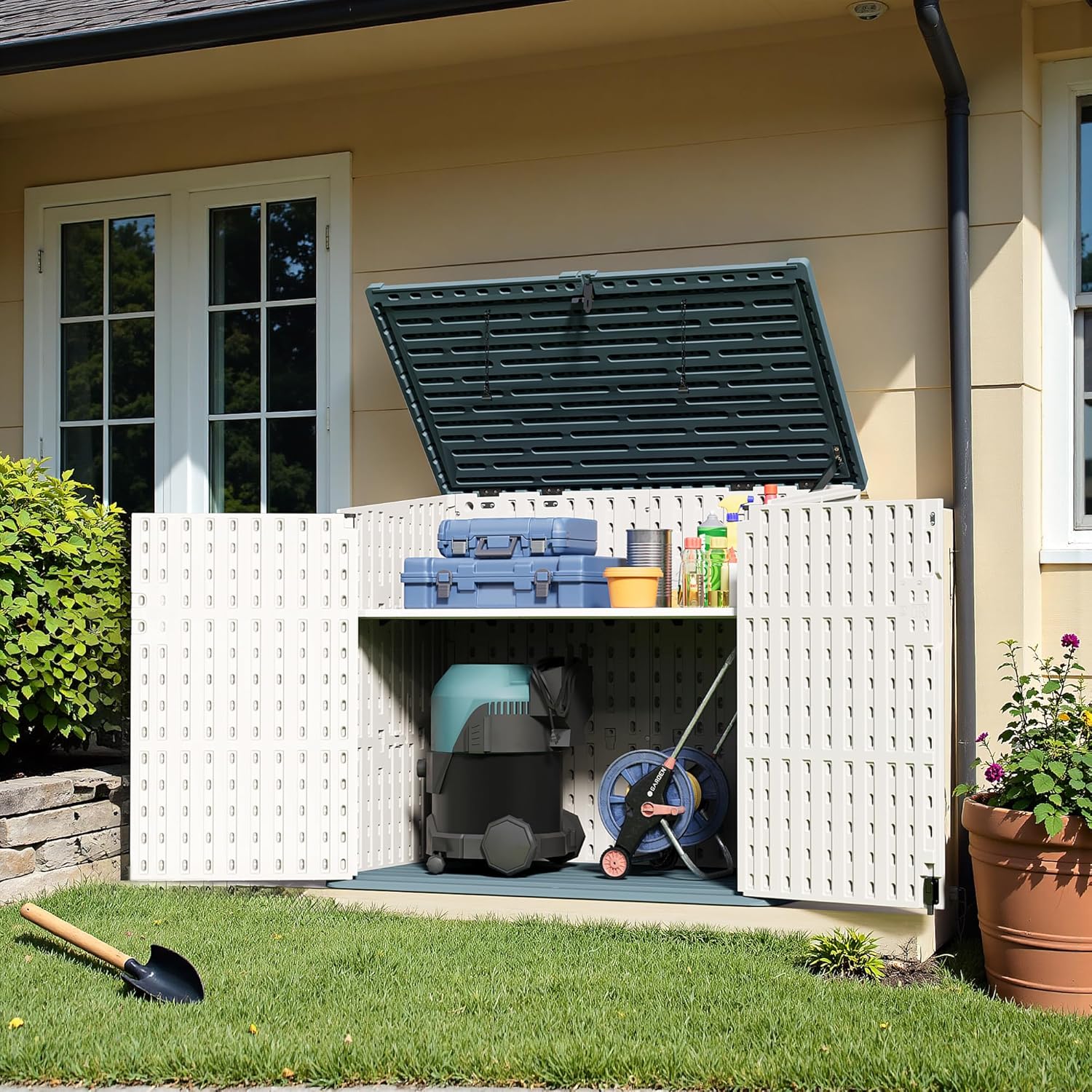 Greesum Outdoor Resin Storage Shed, 34 Cu.ft Horizontal Outdoor Storage Box Waterproof for Garden, Pool Storage, Garbage Cans, Beige