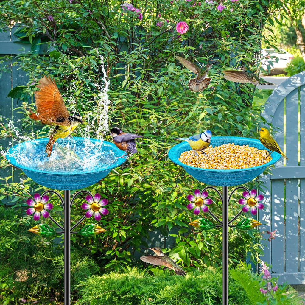 Metal Bird Bath for Outside Garden Birdbath Bowl, Freestanding Bird Feeders for Outdoors with 5 Prongs Base Stake, Standing Birdfeeders Bath Bowl for Yard Decor (Retro Blue)