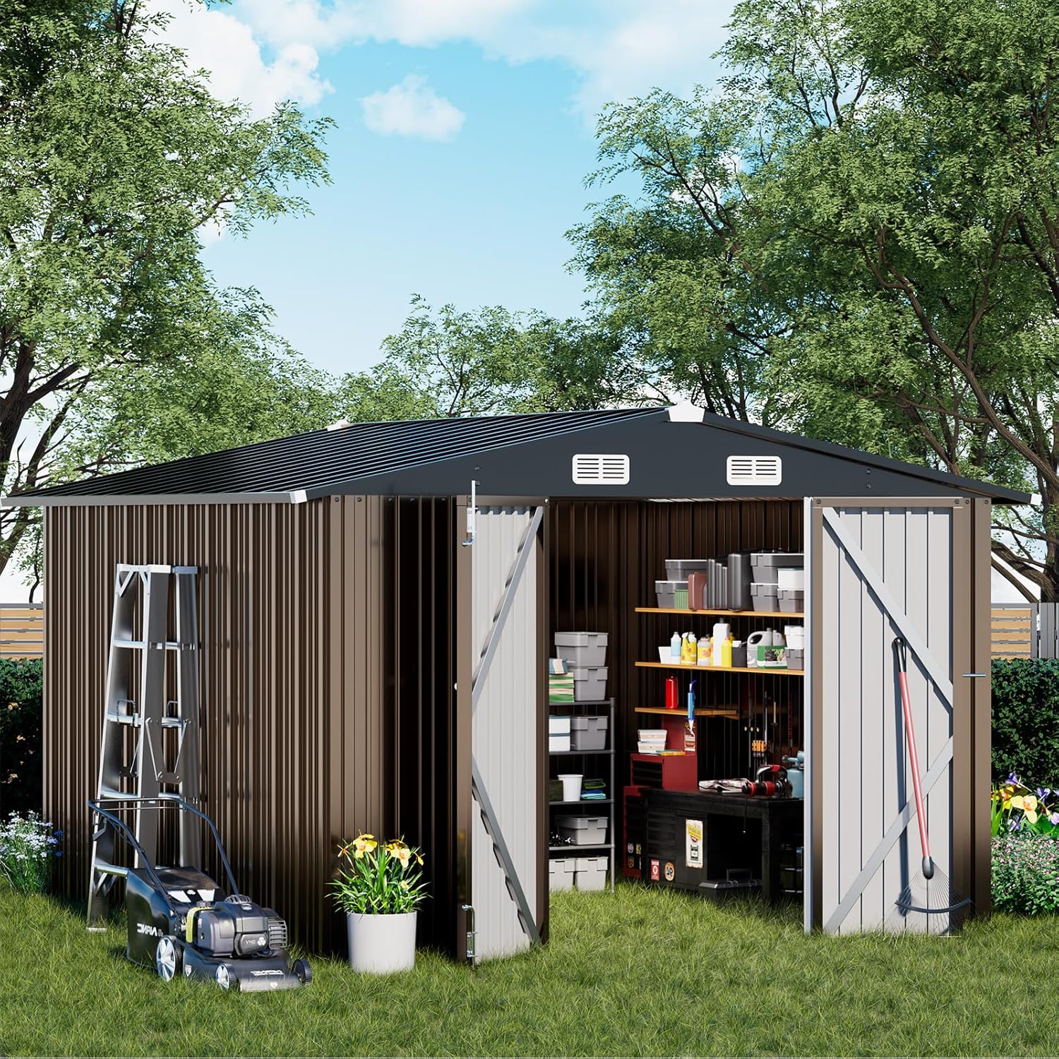 COMHOMA Shed Outdoor Storage Shed Metal,Lockable Doors Tool Sheds with Sloping Roof,Steel Garden Shed with Air Vent for Backyard,Patio,Lawn,Poolside (Brown, 10'*10')