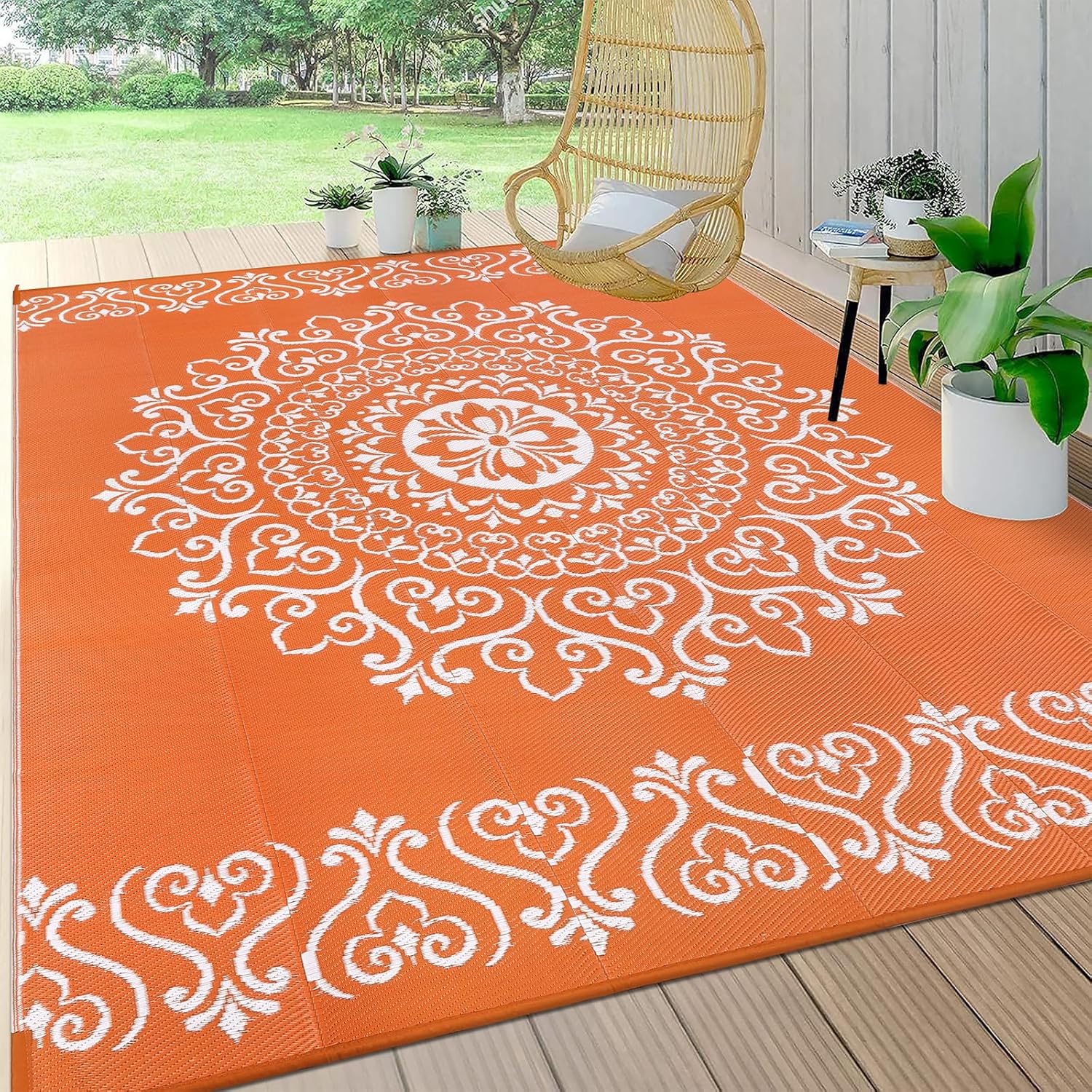 Pauwer Waterproof Outdoor Rug 6x9, Reversible Plastic Straw Patio Camping Rug, Indoor Outdoor RV Mat Carpet for Deck, Camper, Porch, Balcony, Backyard, Picnic, Floral Orange