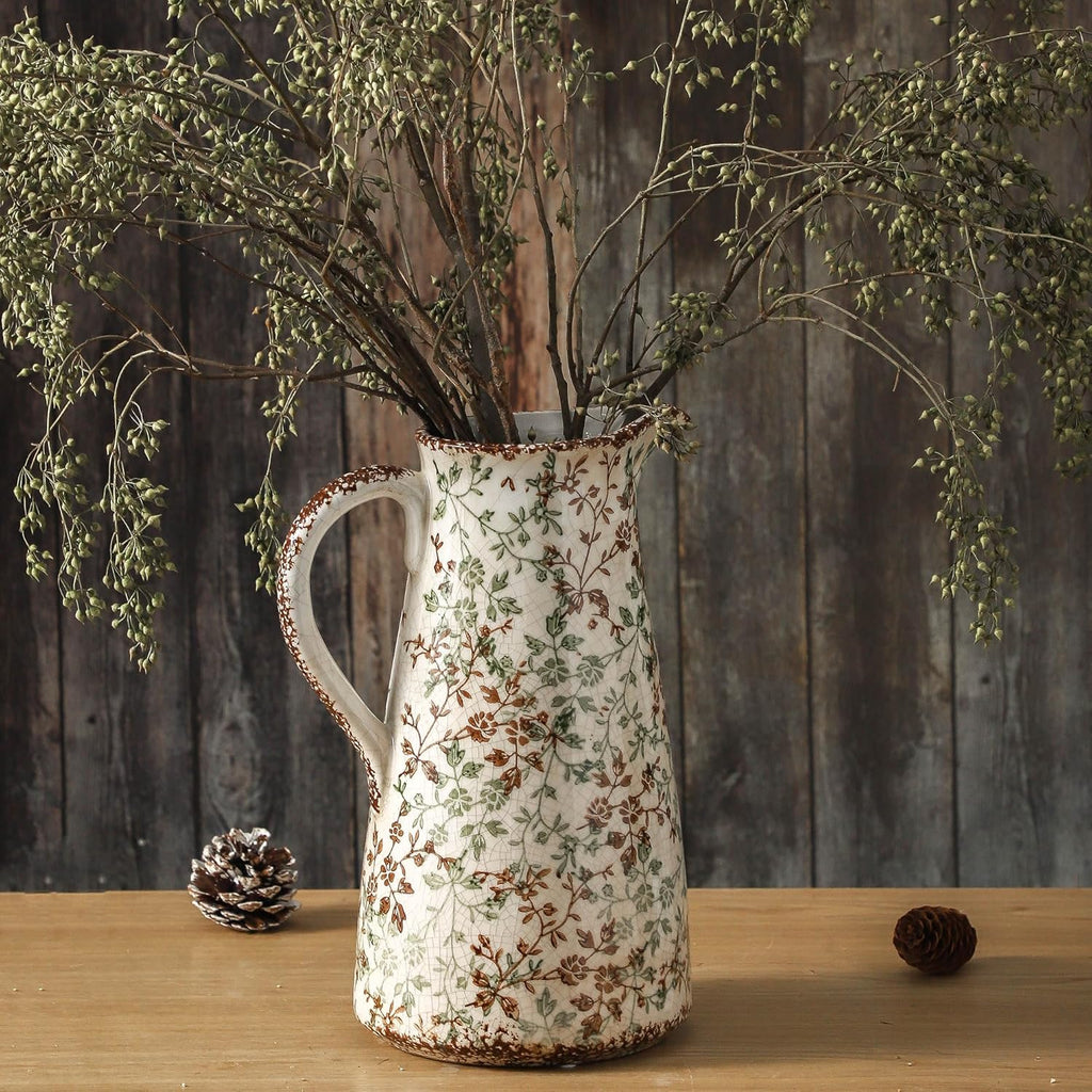Enra Pitcher vase with Handle,12.2 in Ceramic Vintage Chinoiserie Floral Vase,Green and Beige Decorative Flower vase,Large Rustic Vases for Home Decors, Living Room, Bookshelf, Office