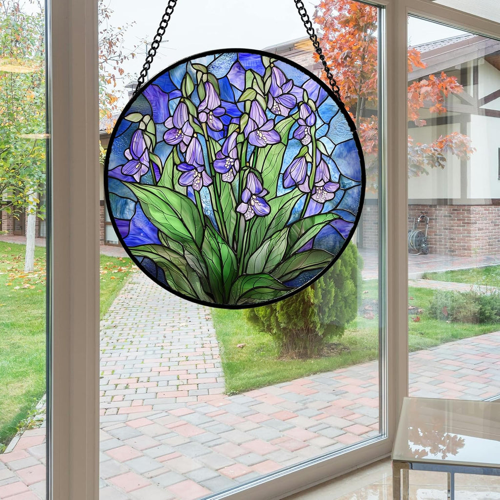 Stained Glass Suncatcher, Blue Purple Flowers Green Leaves Sun Catcher Plants Stain Glass Window Hanging Decoration Mother's Day Birthday Gifts for Women Men Mom and Nana 15 in
