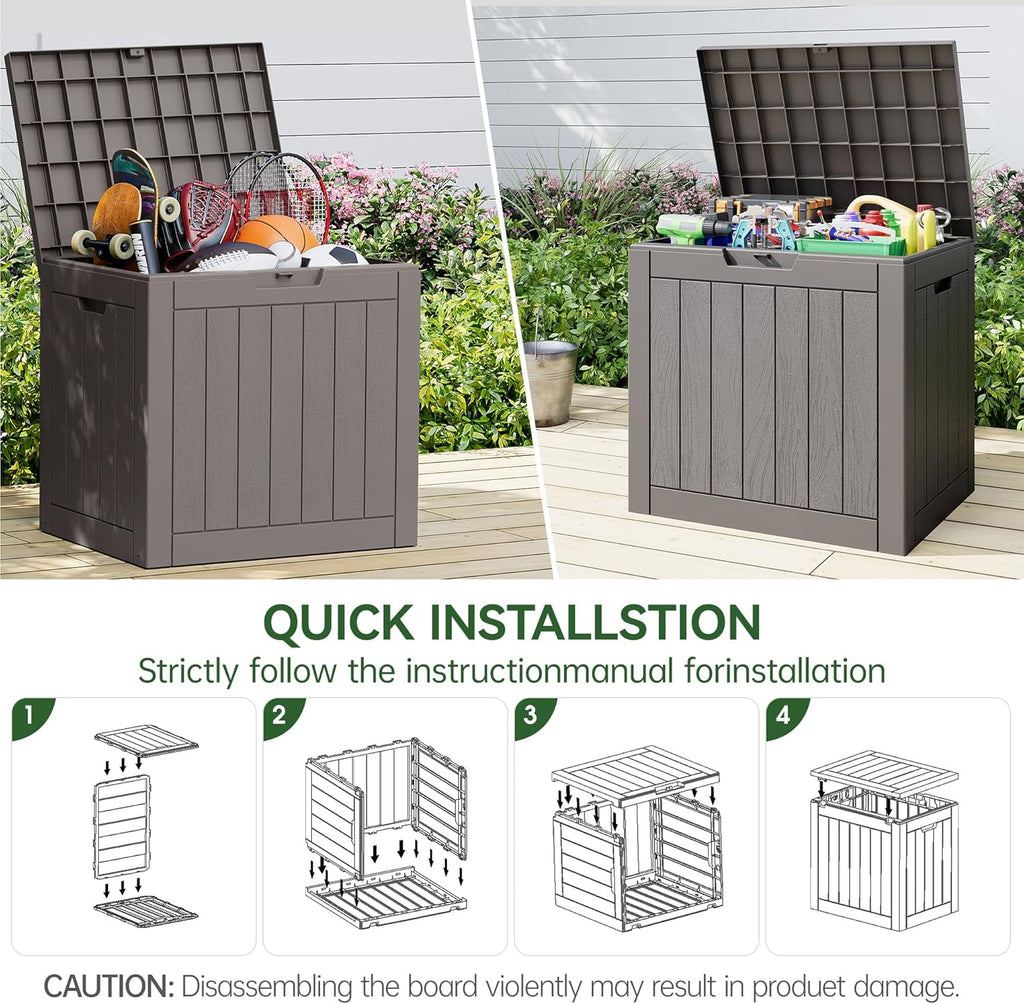 KAMABOKO Deck Box, 35 Gallon Resin Indoor and Outdoor Storage Boxes Waterproof for Garden Tools, Pool Accessories Storage Bench, Patio Furniture and Cushions with Lockable Lid, Grey