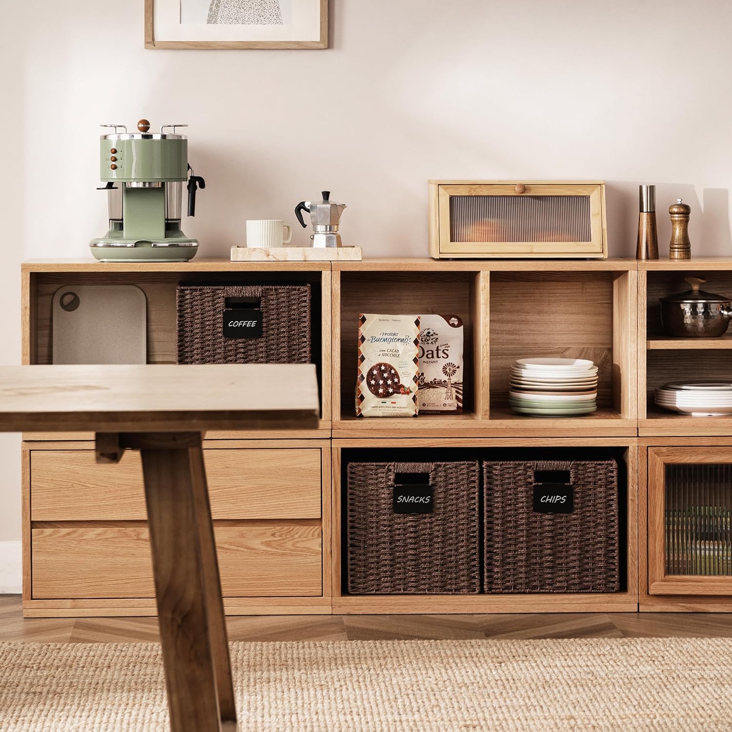 UBBCARE 4 Pack Wicker Basket, 10.5×10.5 Storage Cubes with Label, Foldable Cube Storage Bin with Handle, Square Storage Basket for Shelves, Woven Paper Rope Basket for Organizing, Brown