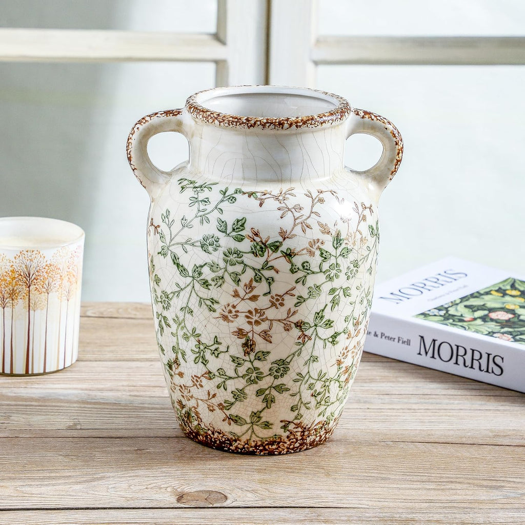 Enra Farmhouse Vintage vase with Handle,9.4 in Ceramic Chinoiserie Floral Vase,Green and Beige Decorative Flower vase,Large Rustic Vases for Home Decors, Living Room, Bookshelf, Office