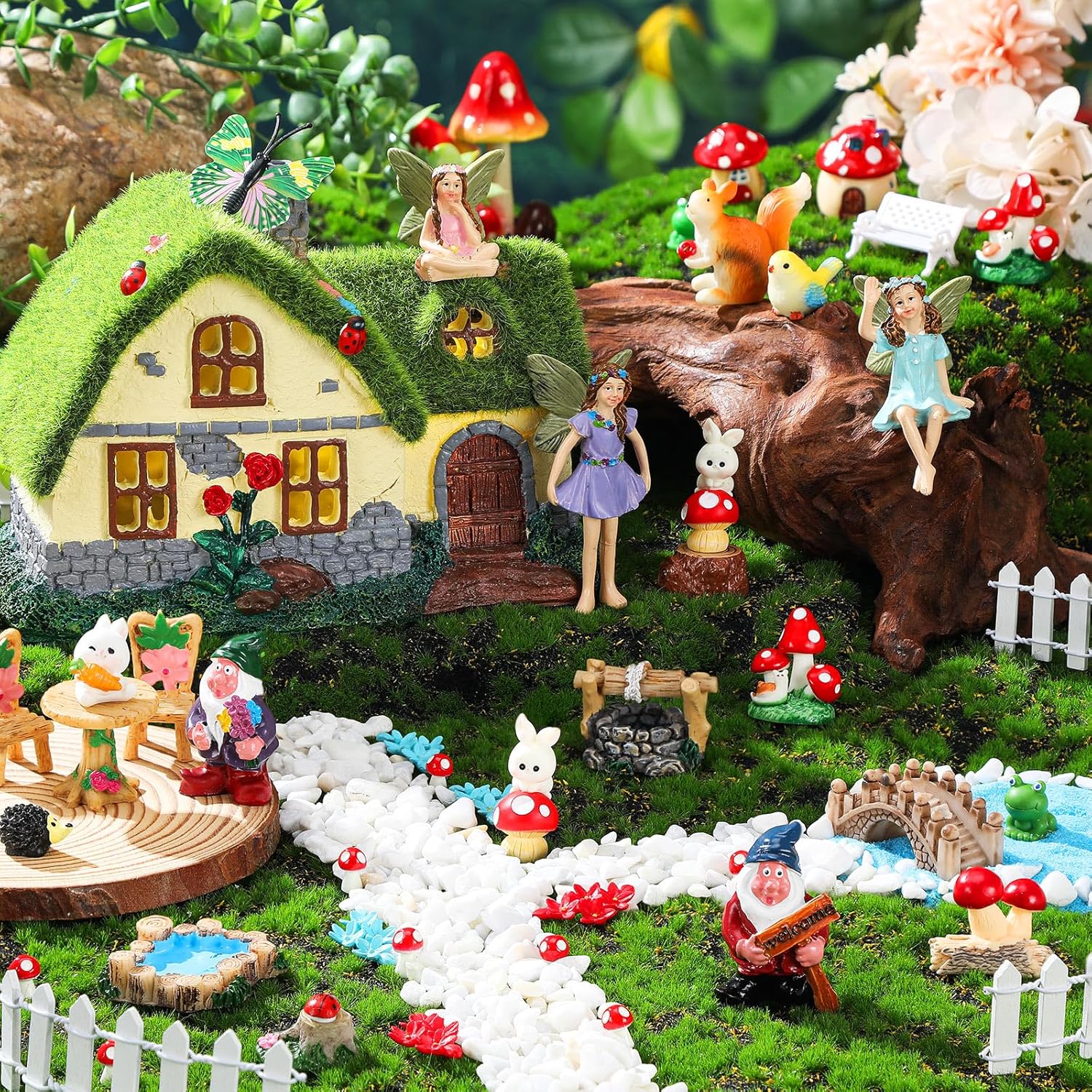 Suzile 50 Pcs Solar Fairy House Garden Accessories Light up Flocked Fairy Figures Garden Kit Green Resin Miniature Mushroom Figures Micro Landscape Ornament (Stone Grass House)