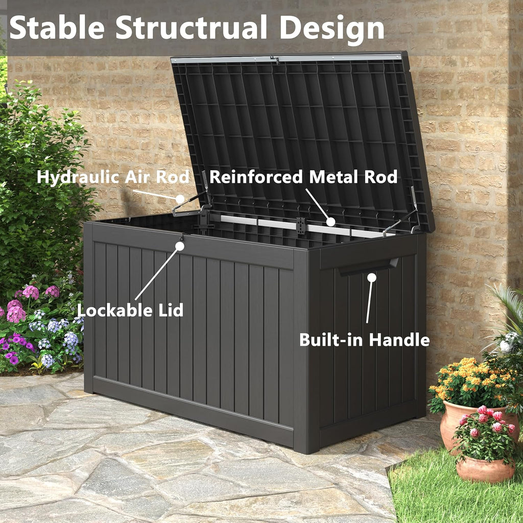 KAMABOKO 230 Gallon Outdoor Storage Box, Resin Deck Boxes Indoor and outdoor, Waterproof Storage Box Lockable Lid for Garden Tools, Package Delivery, Patio Cushions, Black
