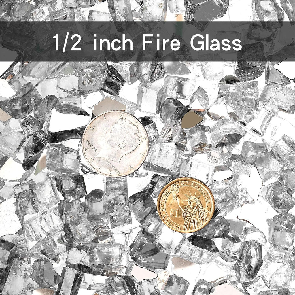 Mr. Fireglass 10 Pounds Fire Glass - 1/2 Inch High Luster Reflective Tempered Glass Rocks for Fireplace Fire Pit Table and Landscaping, Platinum
