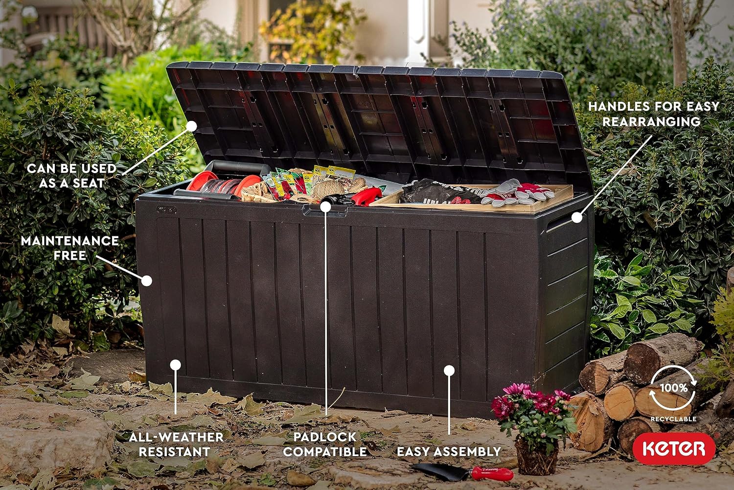 Keter Marvel Plus 71 Gallon Resin Outdoor Storage Box for Patio Furniture Cushions, Throw Pillows, Garden Tools and Pool Floats, Brown