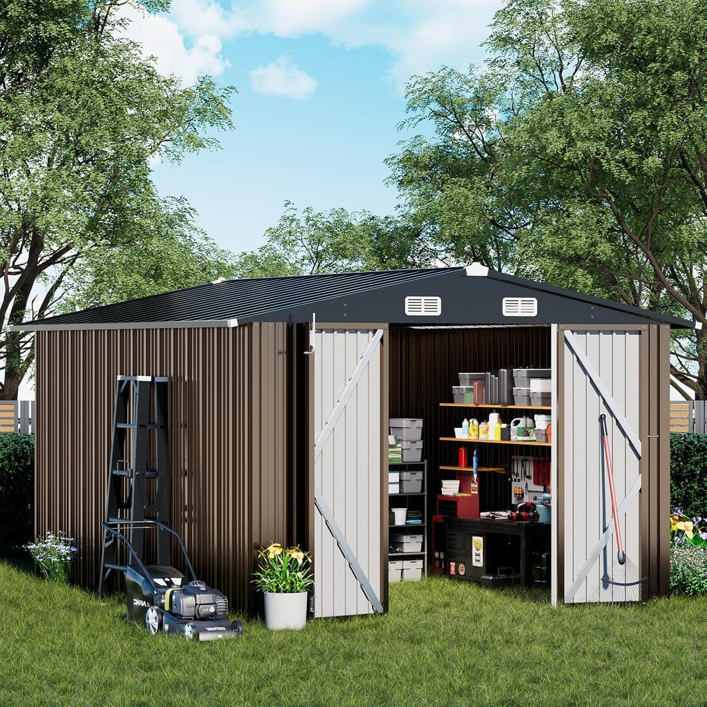COMHOMA Shed Outdoor Storage Shed Metal,Lockable Doors Tool Sheds with Sloping Roof,Steel Garden Shed with Air Vent for Backyard,Patio,Lawn,Poolside (Brown, 10'*12')