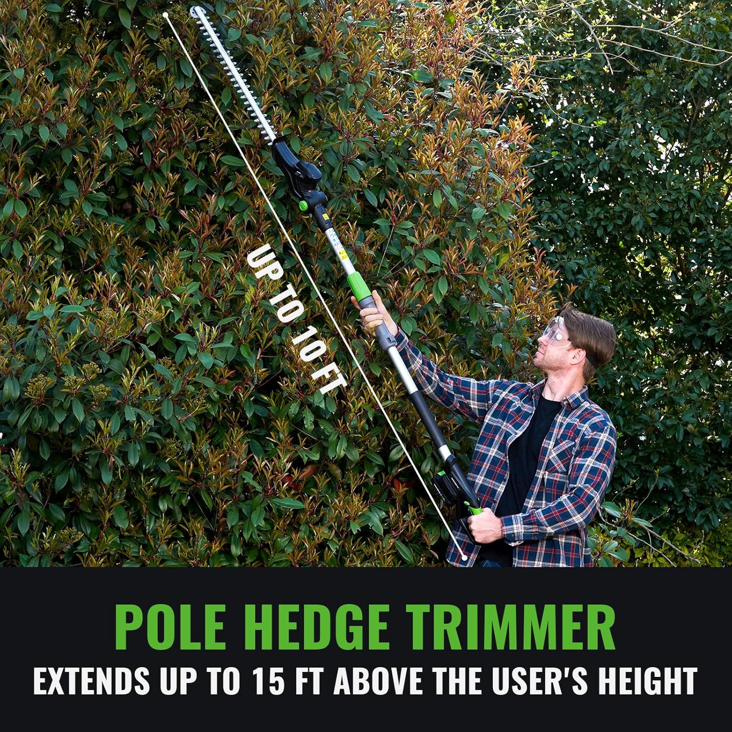 Pole Hedge Trimmer Cordless 20V with Battery Powered 20-Inch Electric Hedge Trimmers 10-FT Reach with Extension Pole Multiple Angles for Shrubs Pruning Bush Trimmer