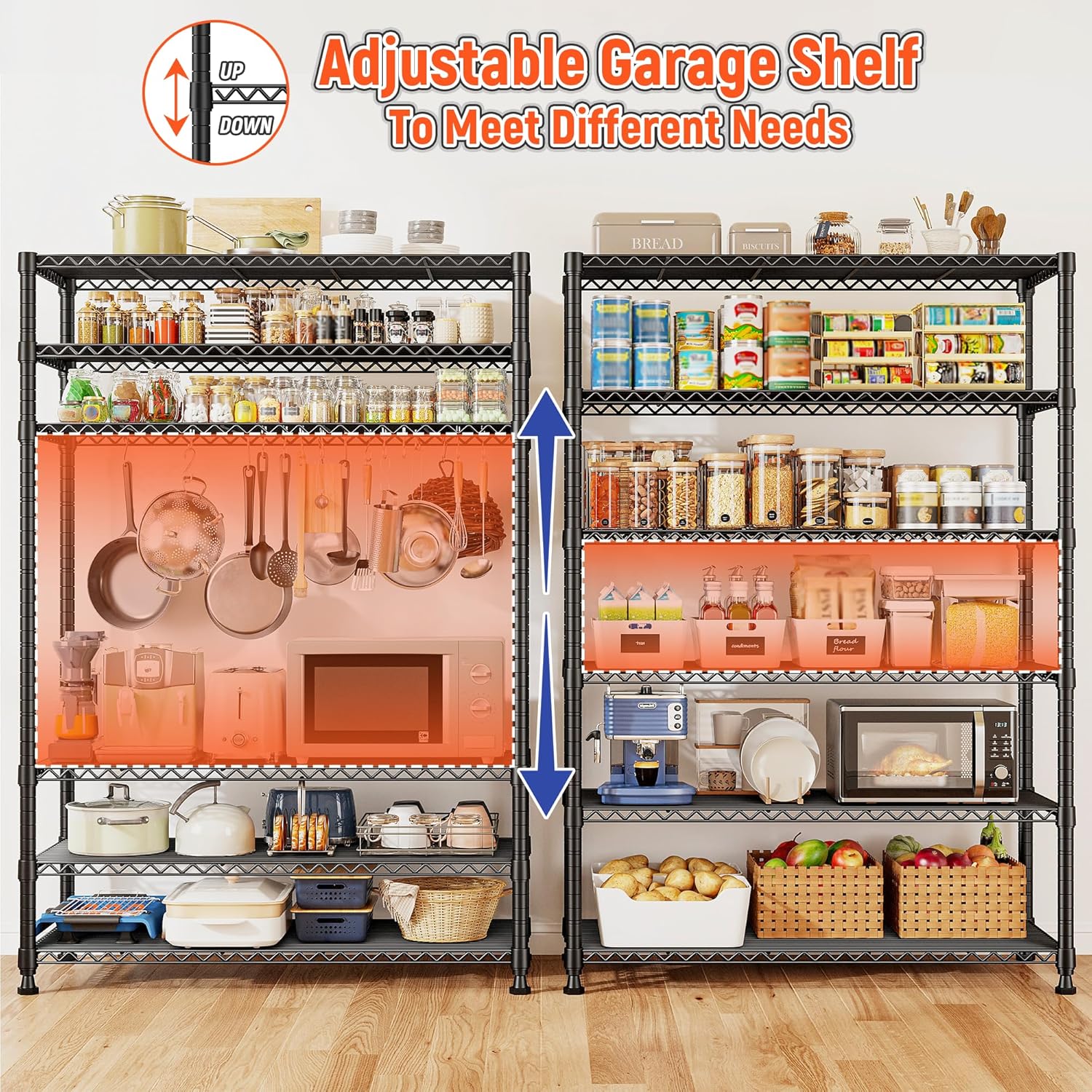 REIBII 75" H Metal Shelving 6 Tier Storage Shelf Adjustable Kitchen Shelf Wire Shelving Unit Detachable Storage Rack for Kitchen Laundry Living Room Commercial Heavy Duty Metal Shelf 75" X35" X14"