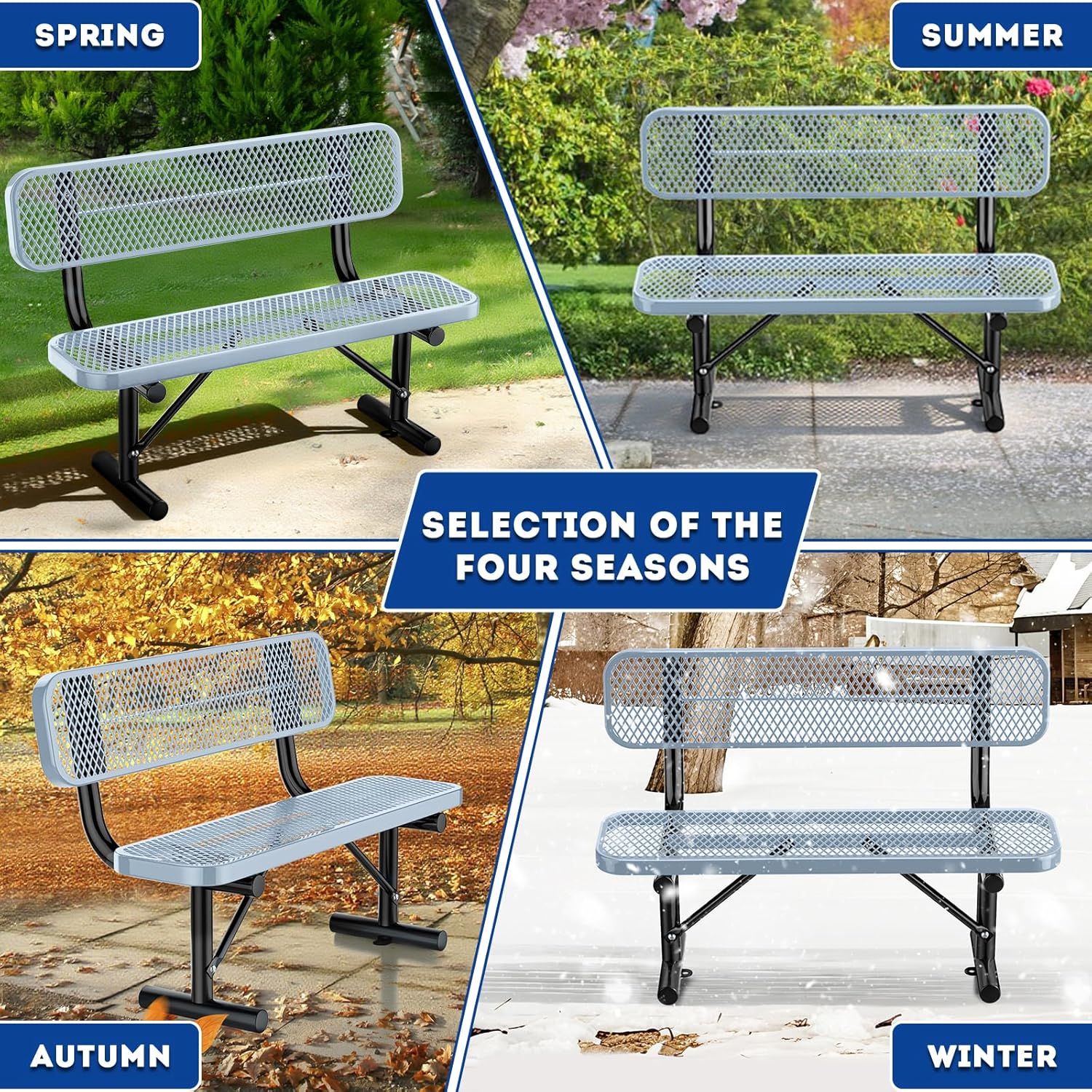 4 Feet Heavy Duty Park Bench with Back Portable Frame, Outdoor Steel Bench with Backrest, Expanded Metal Mesh Bench for Lawn, Park, Deck, Garden, Patio, Porch, Grey