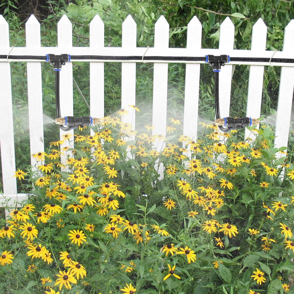 Mornajina 3Packs 2 Way Brass Misting Nozzles Tee with 12inch Built in Hose for Outdoor Cooling System, Adjustable 360° Rotation, Water Mister Nozzles Thread Sprayer 0.043" (1.1 mm)