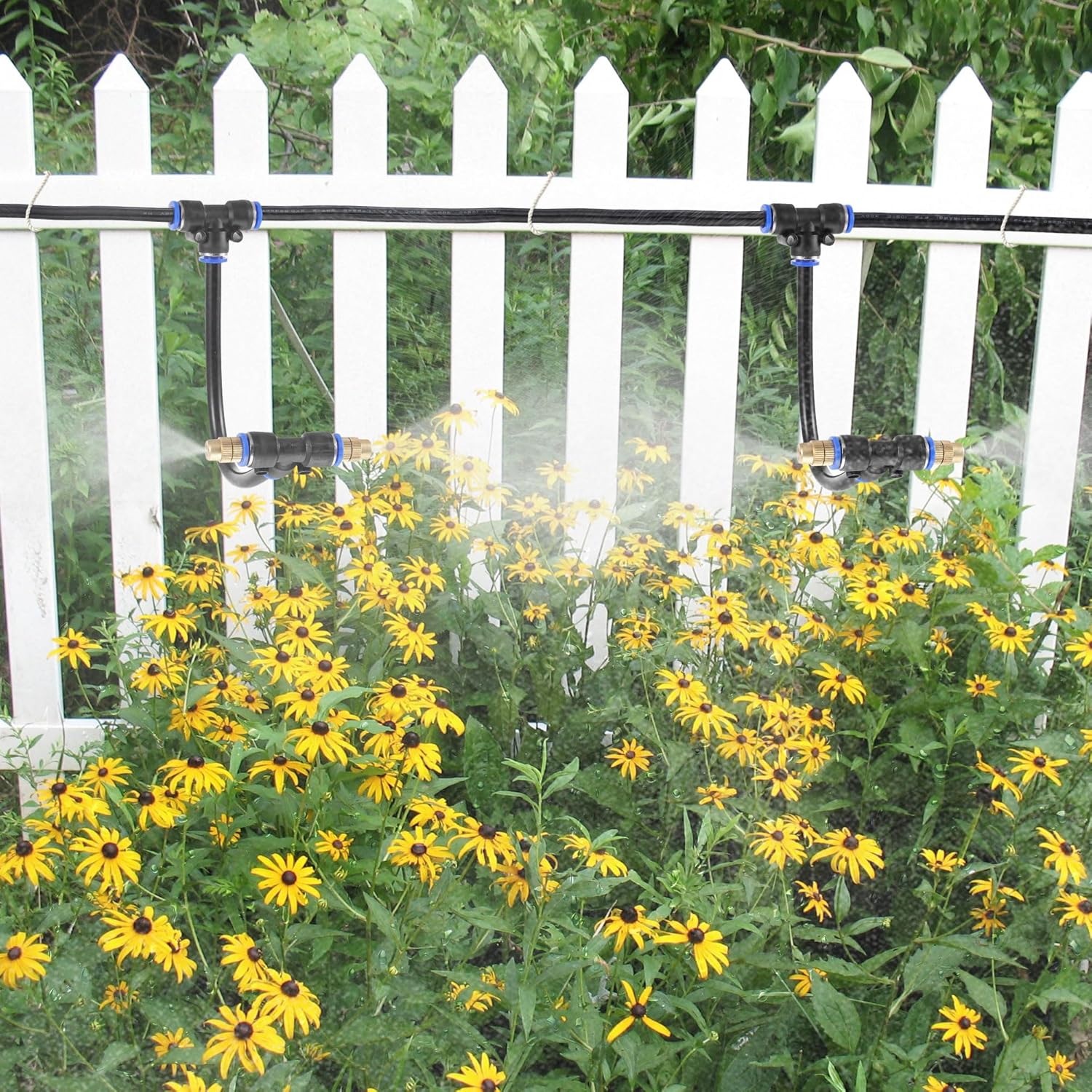 Mornajina 3Packs 2 Way Brass Misting Nozzles Tee with 12inch Built in Hose for Outdoor Cooling System, Adjustable 360° Rotation, Water Mister Nozzles Thread Sprayer 0.043" (1.1 mm)