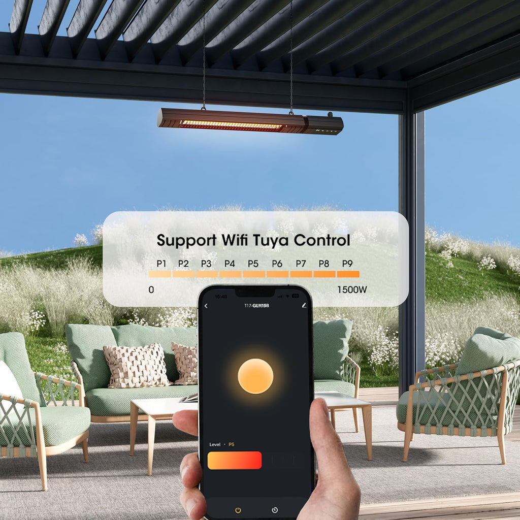 Ceiling Electric Outdoor Heater Wall-Mounted Hanging Patio 1500W Infrared 9 Heat Levels, 24H Timers, 1s Heating Carbon Fiber Tube Wall Heater for Gazebo, Balcony