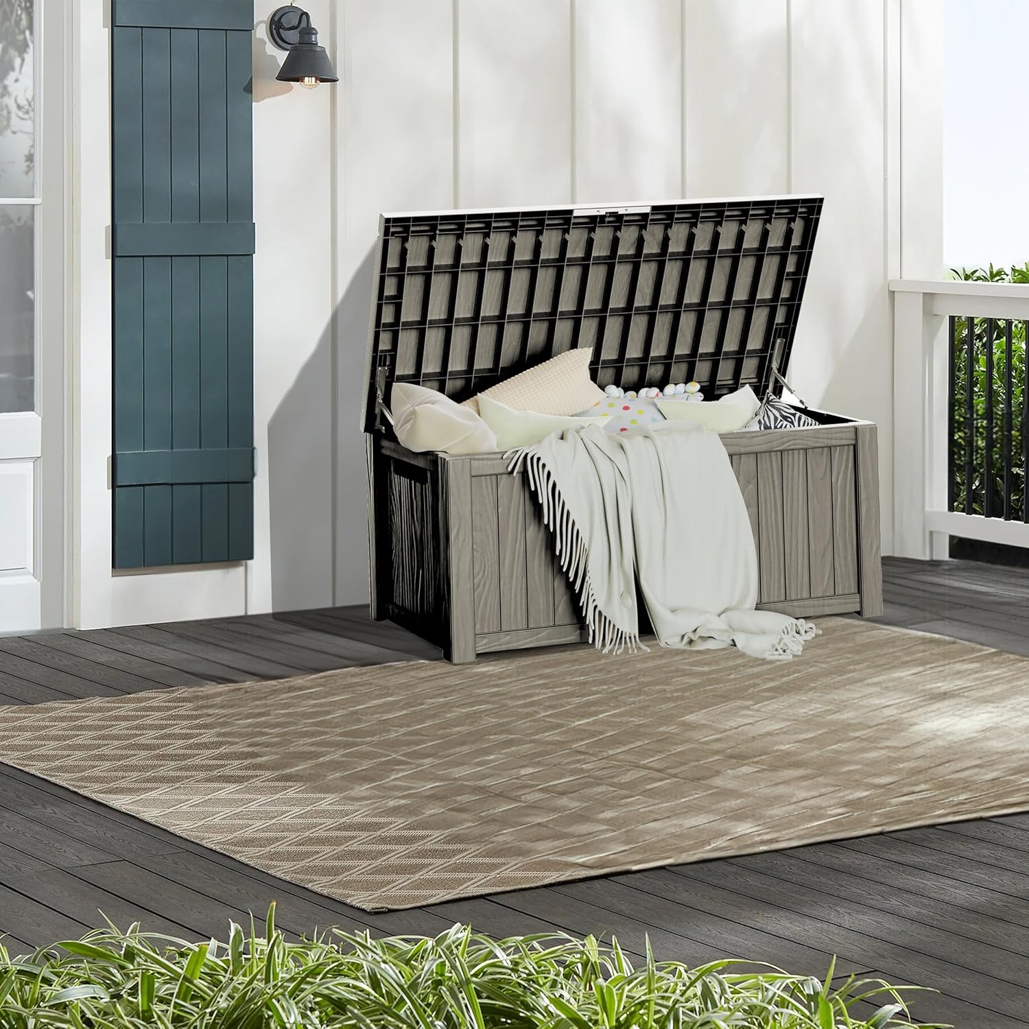 150 Gallon Lockable Resin Deck Box, Waterproof & UV-Resistant Outdoor Storage Box for Outdoor Cushion Storage, Garden Tools & Pool Accessories Storage, Gray