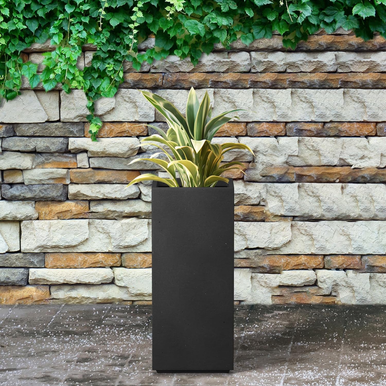 Kante 20.3" H Tall Rectangular Concrete Planter, Modern Square Diameter Plant Pot with Drainage Hole and Rubber Plug for Indoor Outdoor Home Patio Garden, Black
