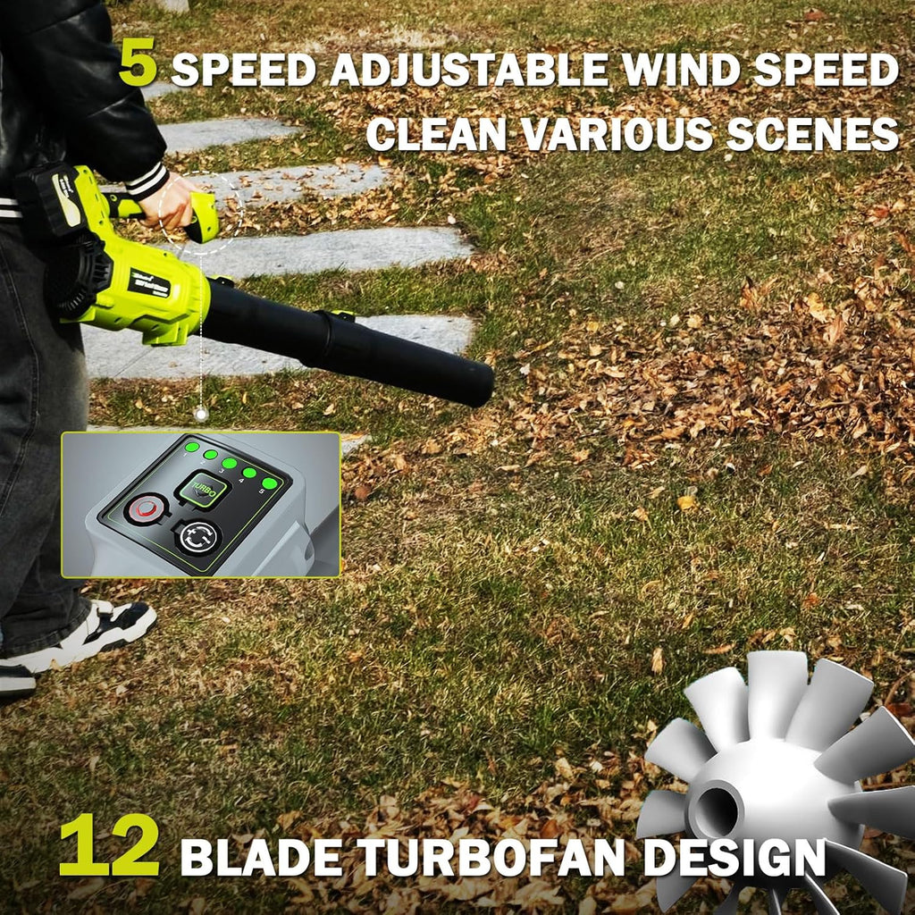 Leaf Blower Cordless,2 x 21V 6.0Ah Battery and Charger, with 680CFM 190MPH Electric Cordless Leaf Blower, 3-Variable Speed & Turbo Mode, Blowers for Lawn Care (5002 E) (Green)