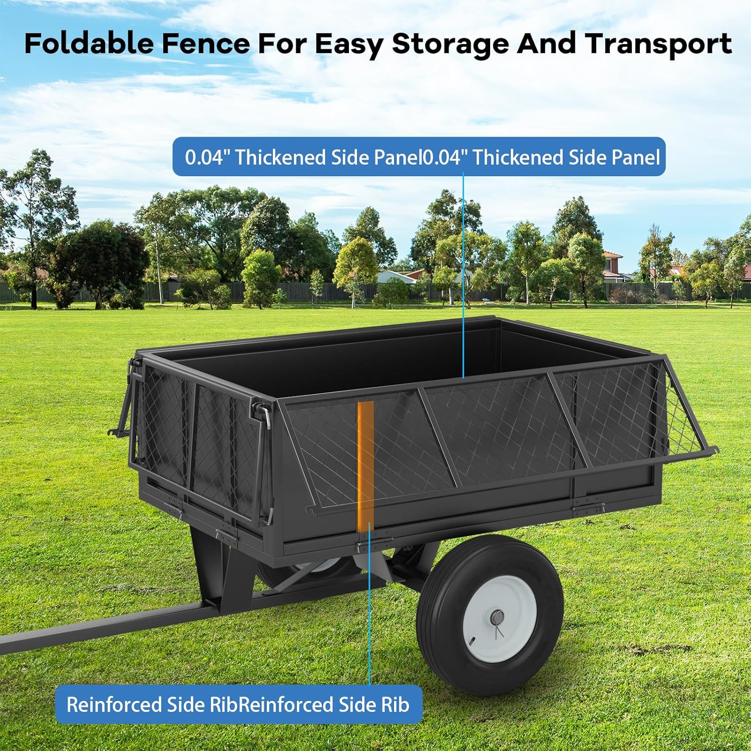 750 Lbs Capacity ATV/UTV Dump Trailer – 15 Cu. Ft. Heavy-Duty Steel Utility Cart with Removable Sides, Universal Hitch, Hand/Foot Lever Dump, for Lawn Tractor & Riding Mower