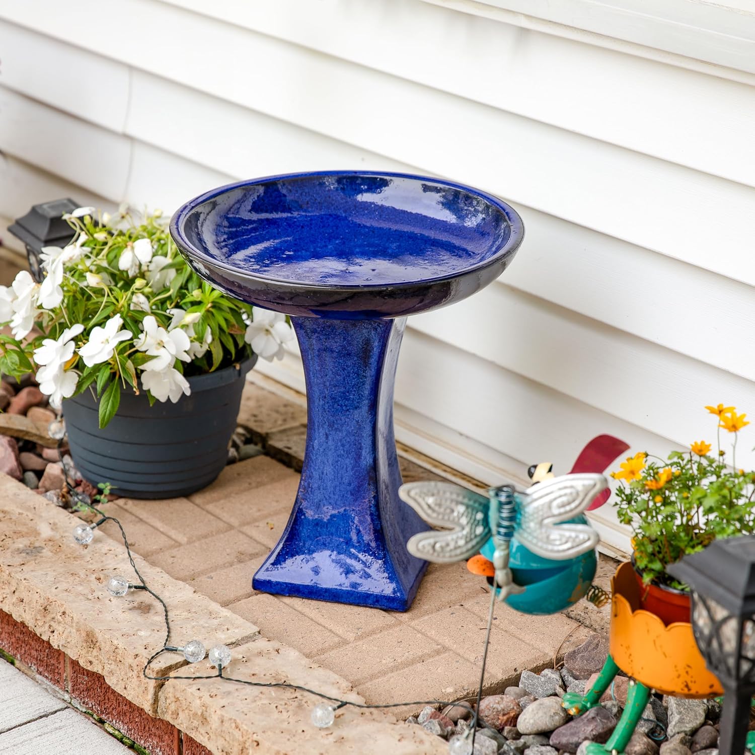 Sunnydaze Ceramic Bird Bath for Outside - 16" H - UV- and Frost-Resistant - Pedestal Bird Bath - Blue Glazed Bowl - Blue Glaze Finish