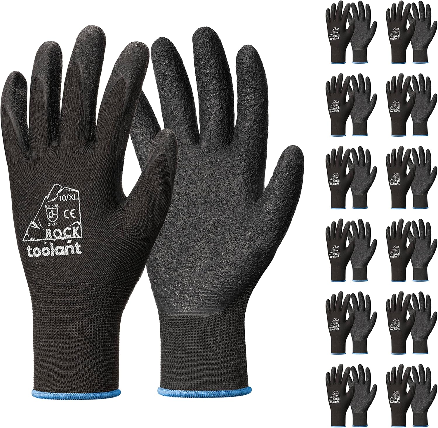 toolant Crinkle Latex Work Gloves Bulk, Rubber Coated Safety Work Gloves for Men and Women, 12 Pairs for Construction, Gardening, Warehouse (Black, XL)