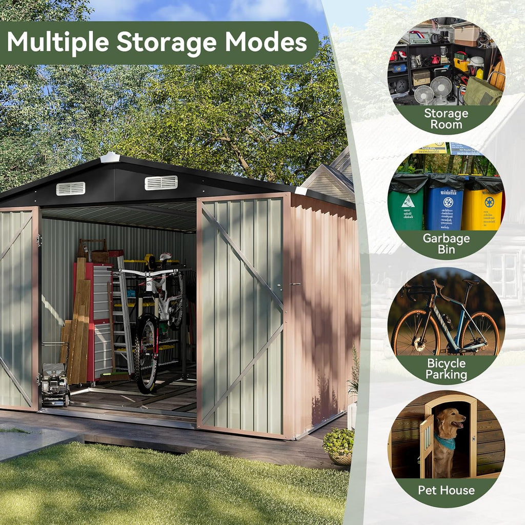 Aoxun 12x7.5 FT Shed Outdoor Storage Shed with Spacious Door Large Sheds with Double Lockable Door Galvanized Metal Shed for Garbage Can, Bike, Mower, Brown