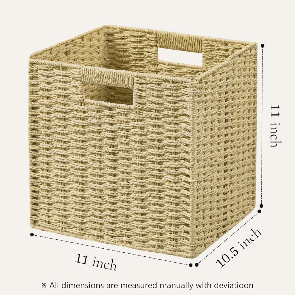 UBBCARE 2 Pack Wicker Basket,11L×11H×10.5W inch Woven Paper Rope Storage Baskets for Shelves, Foldable Cube Storage bin with Handle, Storage Basket for Organizing & Decor, Natural