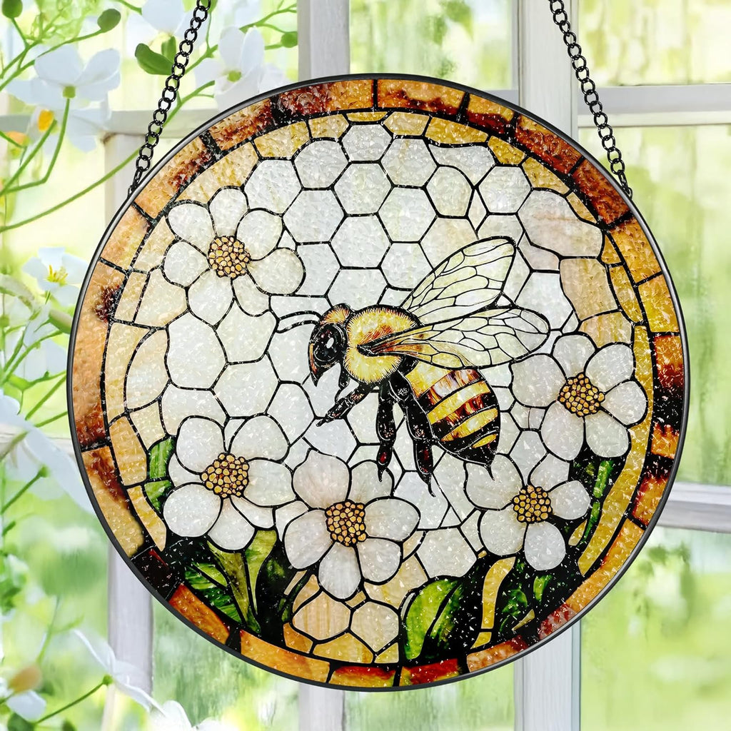Bee Wildflowers Stained Glass Suncatcher, Stained Glass Window Hanging, 8 Inch Honey Bee Suncatcher, Honeybee Gifts for Garden Lovers, Gifts for Mother's Day, Teacher Gift, Grandma Gift