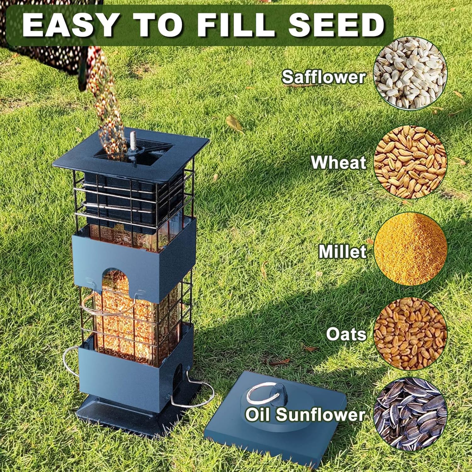 Bird Feeder 3LBS Metal Anti-Squirrel Wild Birdseed Feeder for Finch Cardinal Blue Jay Outdoors Hanging (Blue)