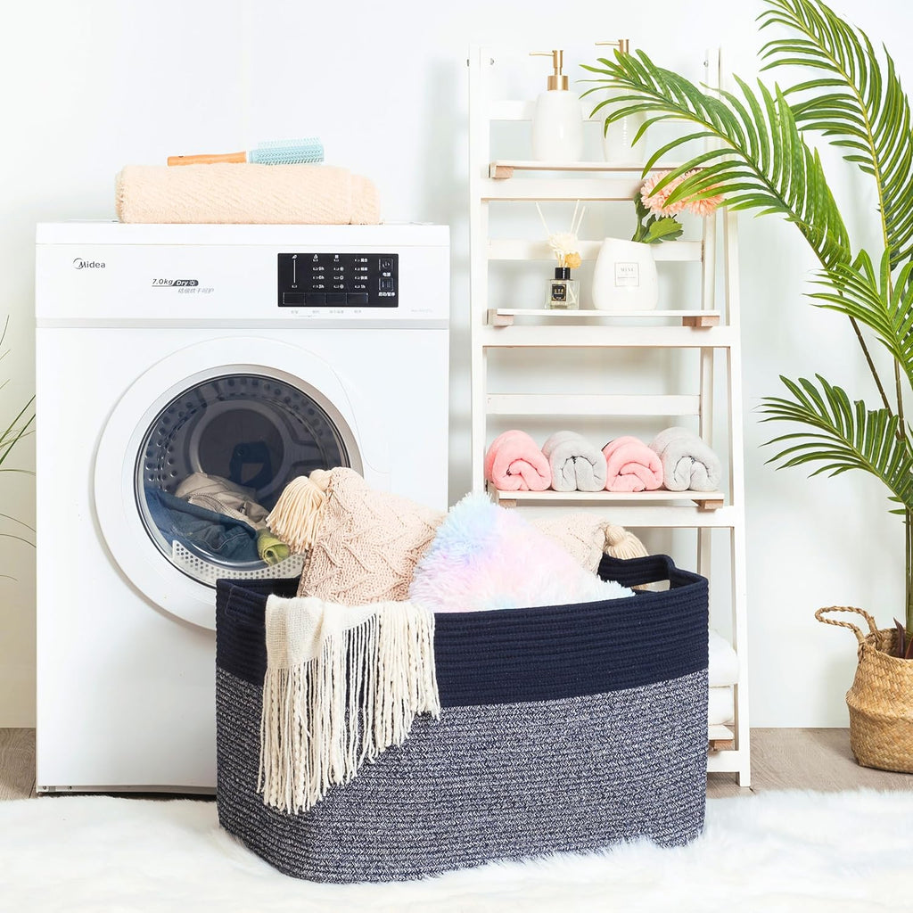 MINTWOOD Design 22in Extra Large Blanket Basket Holder for Living Room, Rectangle Rope Woven Storage Bin with Handles for Laundry, Pool Towels, and Shoes, Dog Toy Box Organizer, Navy Blue