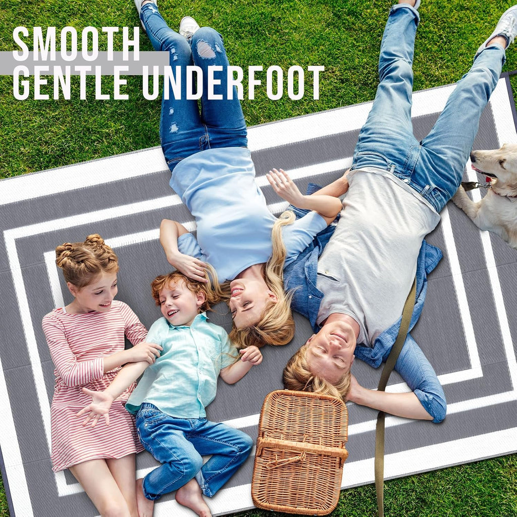 OLANLY Outdoor Rug 6x9 ft Waterproof, Reversible Outdoor Plastic Straw Rug, RV Mat, Indoor Outdoor Carpet Clearance for Patio, Camping, Balcony, Deck, Backyard, Grey & White