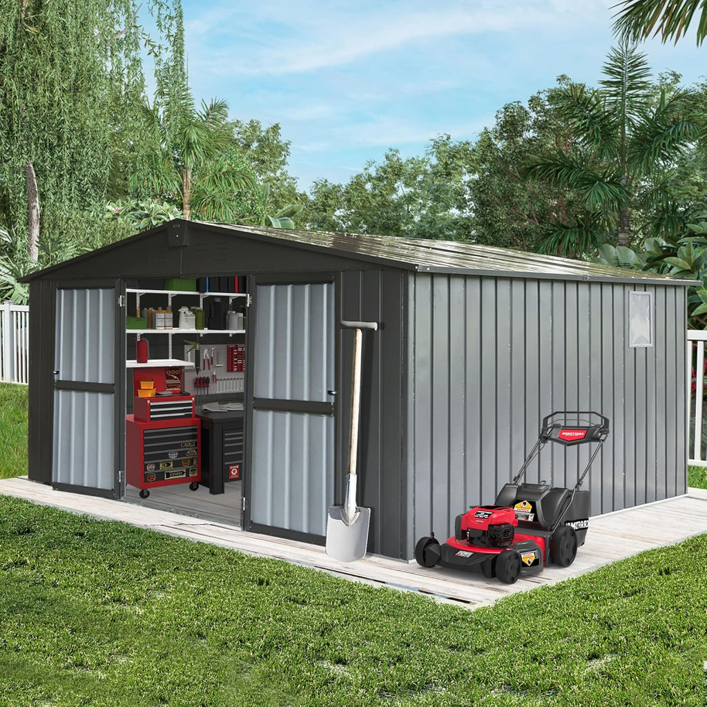 Domi Outdoor Storage Shed 11' x 12.5', Metal Sheds Steel Utility Tool Storage House with Double Lockable Doors & Air Vents for Patio Garden Lawn Backyard, Dark Gray