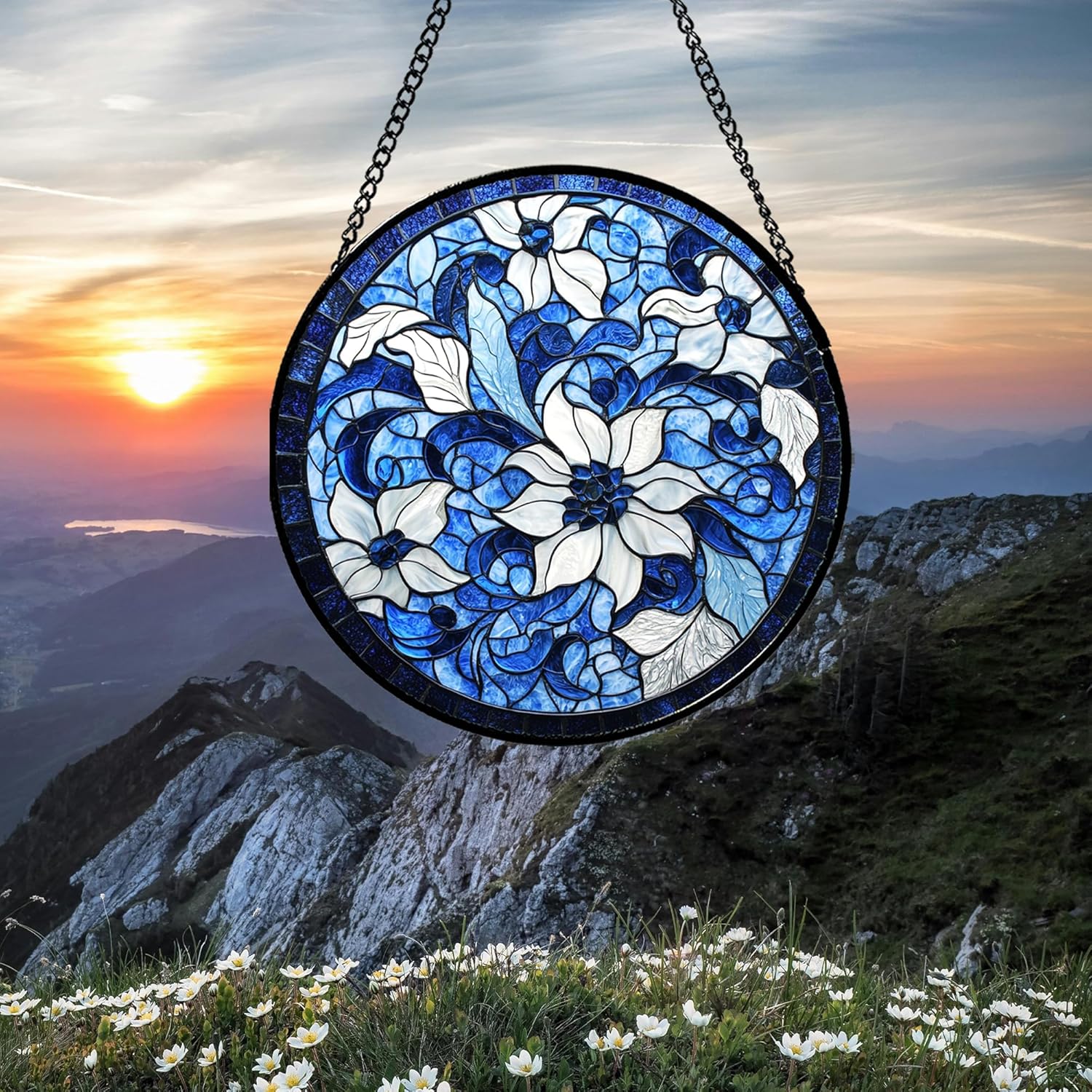 Stained Glass Window Hanging - Blue White Flowers Suncatcher for Doors Garden Patio Boho Style Sun Catchers Decor Christmas Mother's Day Birthday Gifts for Women Men Mom Nana Friend 7.8 in