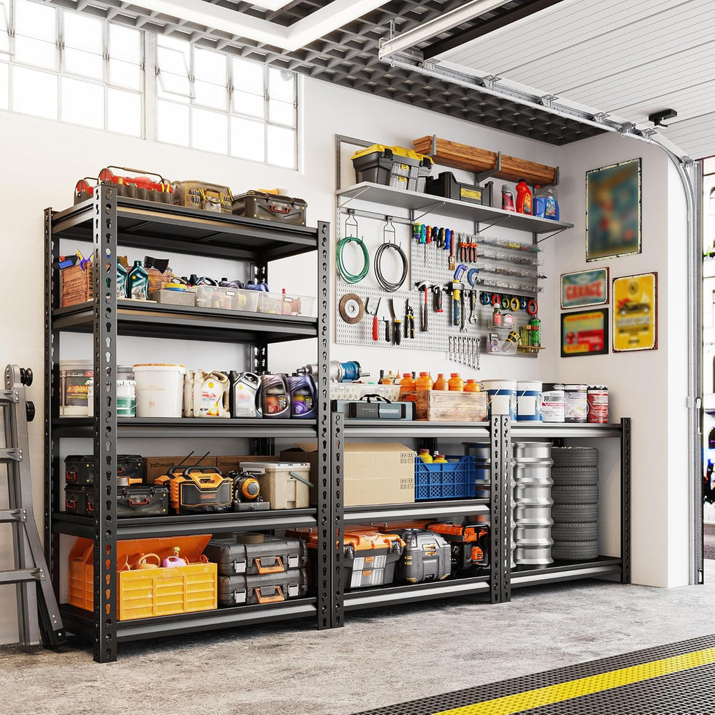 REIBII Storage Shelves, 2000LBS Garage Shelving Heavy Duty, 5 Tier Adjustable Metal Shelving for Garage, Warehouse, Pantry, Kitchen, Basement, 12" D x 27.5" W x 60" H, Black, 2Pack