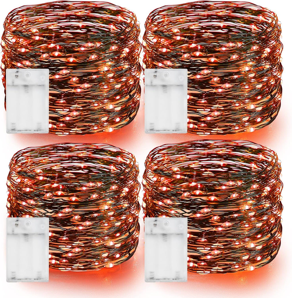 Dazzle Bright Orange Fairy String Lights, 4 Pack Total 80FT 240LED Copper Wire Battery Operated Waterproof Lights, Halloween Decorations for Indoor Home Outdoor Patio Yard Party Decor