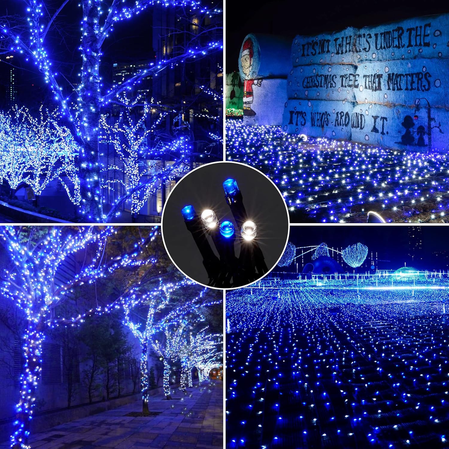 164ft 500 LED Blue White Christmas Lights Outdoor,8 Modes String Light Indoor Bedroom,Clear Wire Twinkle Lights Plug in for Christmas Outside Tree Yard Wedding Decorations(164FT,Blue&White)