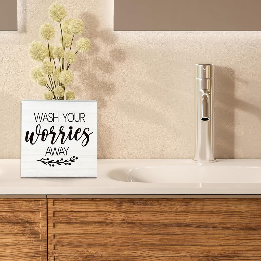 Wash Your Worries Away Wooden Sign - Funny White Block Plaque Desk Decoration-5x5 inches Inspirational Wood Block Gifts For Friends Family-Laundry Room Restroom Bathroom Tabletop Favors & Supplies-A01