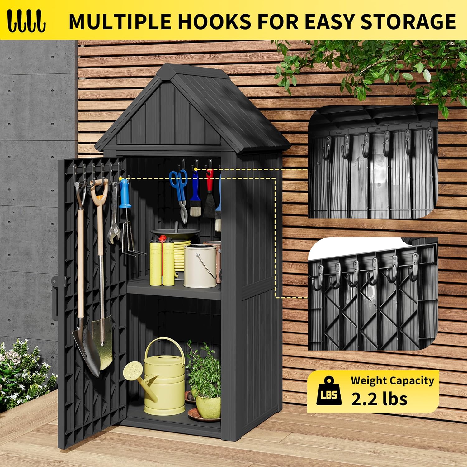 Outdoor Resin Storage Shed, Upgrade Durable Storage Cabinet with Removable Shelves and Lock Ring, Reinforced Floor, All-Weather Construction for Garden Patio Lawn (Black)