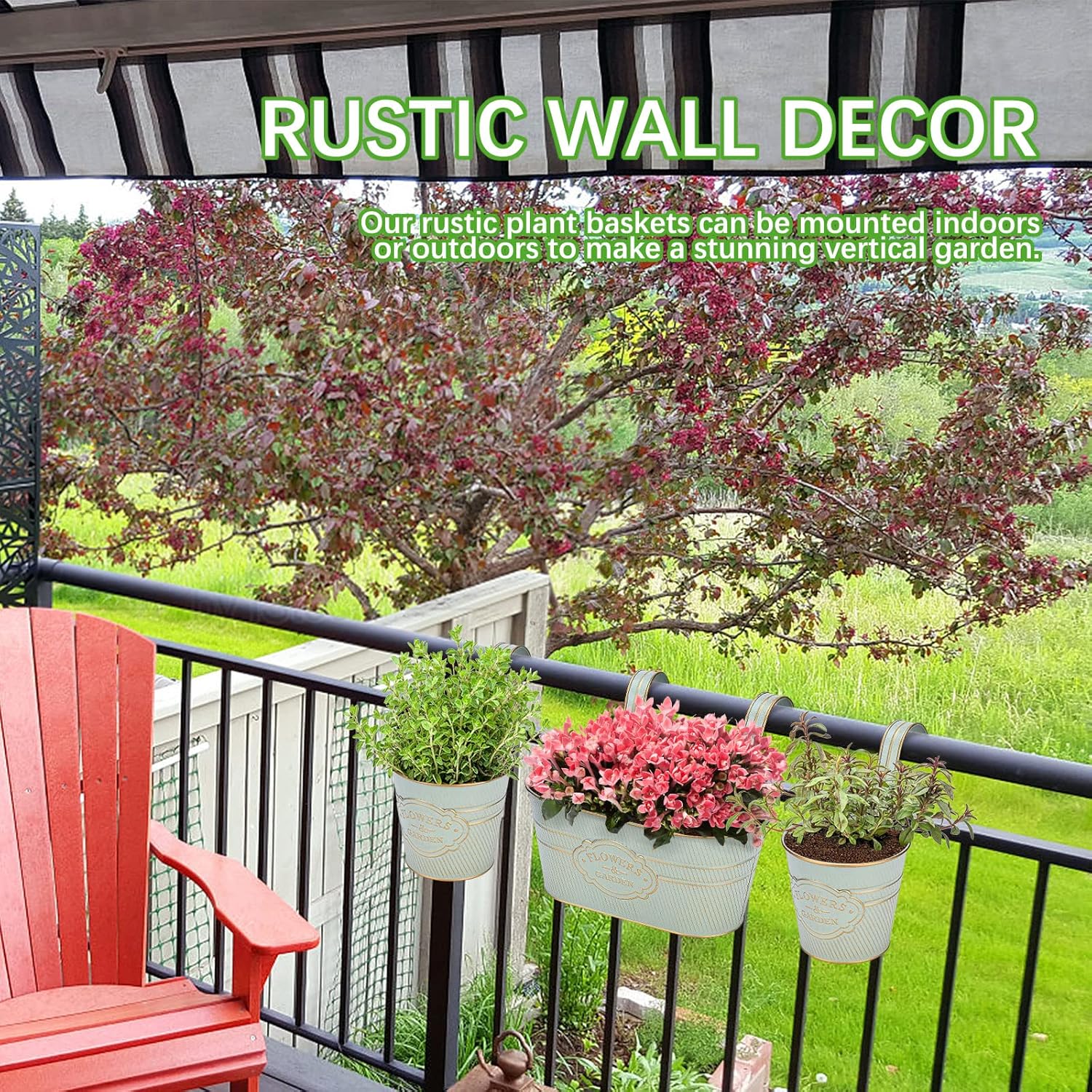 PerGar Vintage Metal Iron Wall Hanging Flower Pots, Rustic Planter Bucket Herb Flower Plant Holder with Detachable Hooks & Drainage Hole for Railing Fence Balcony Deck Garden Home Decoration, Set of 3