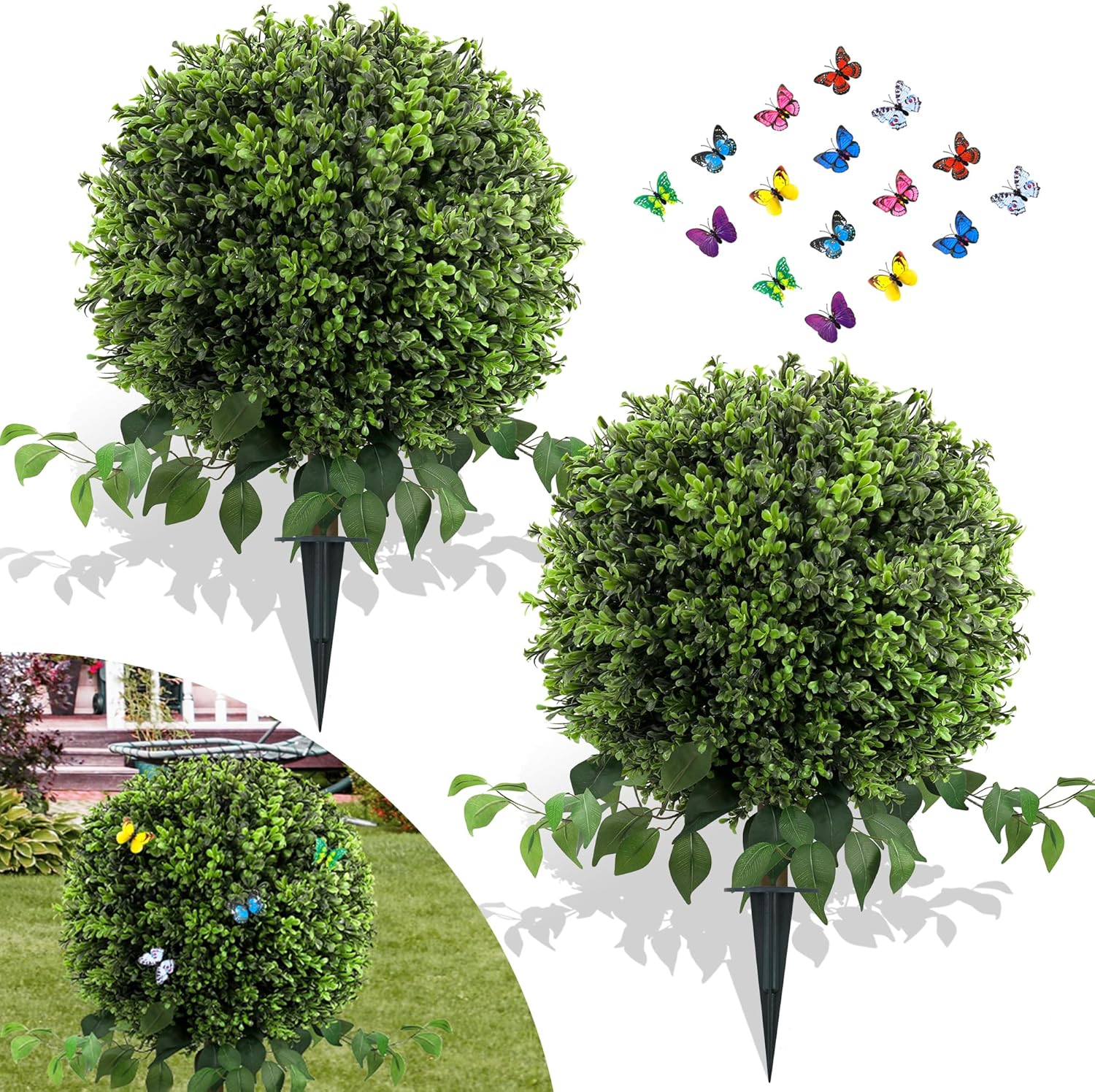 28" Artificial Boxwood Ball Bush, UV Resistant Topiary Tree Faux Boxwood Ball Shaped Porch Bushes with Ground Spike Artificial Bushes for Outdoors Front Door Decor Home Garden