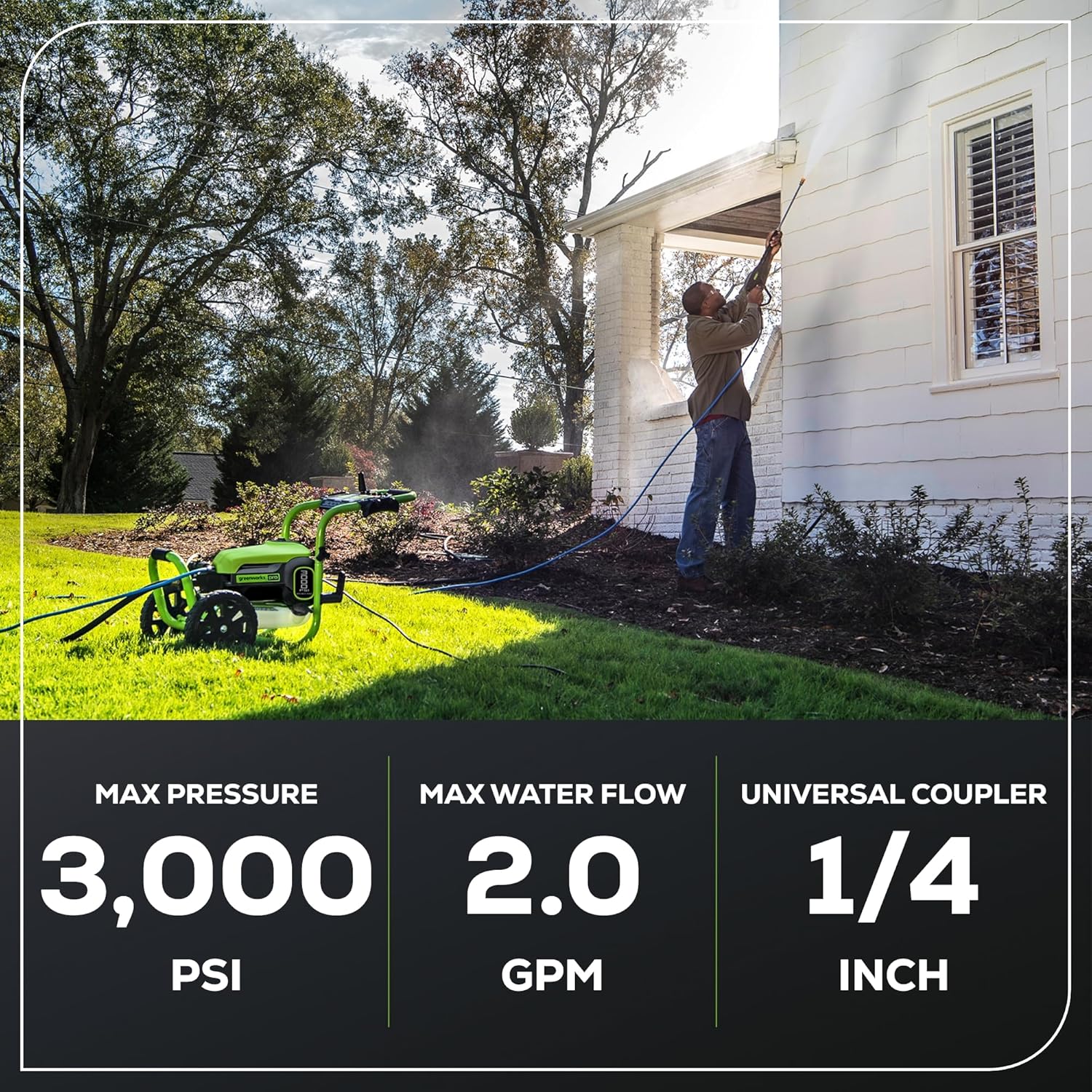 Greenworks 3000 PSI Pressure Washer (2.0 GPM Max) with Foam Cannon – Easily Remove Dirt and Grime on Siding, Fences, Patios,