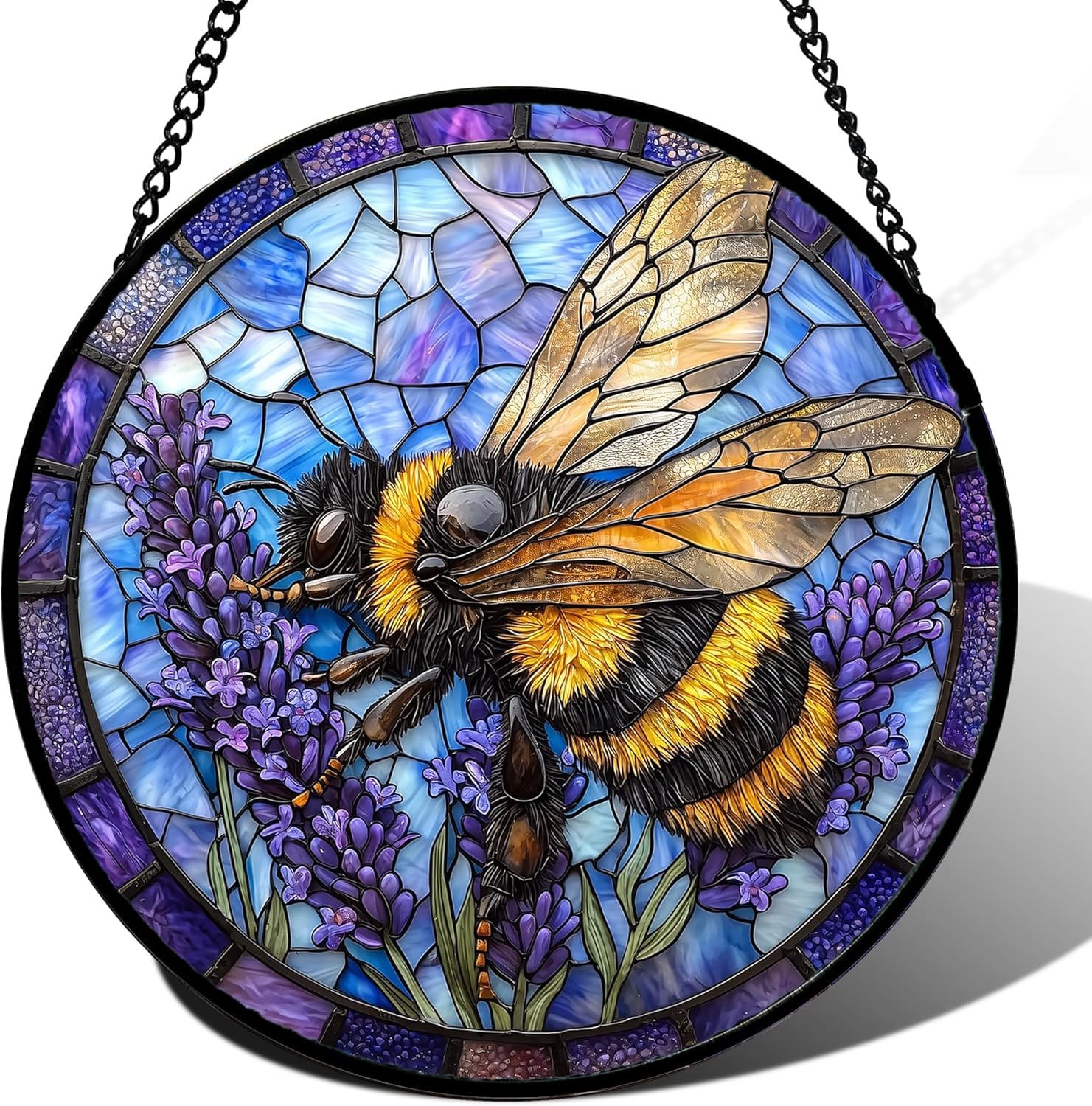 Stained Glass Window Hanging, Bee Lavender Sun Catchers Diamond Glass Panel Hangings Insect Suncatcher Decor for Birthday for Women, Men, Wife, Aunt, and Mom 14.9x14.9 in