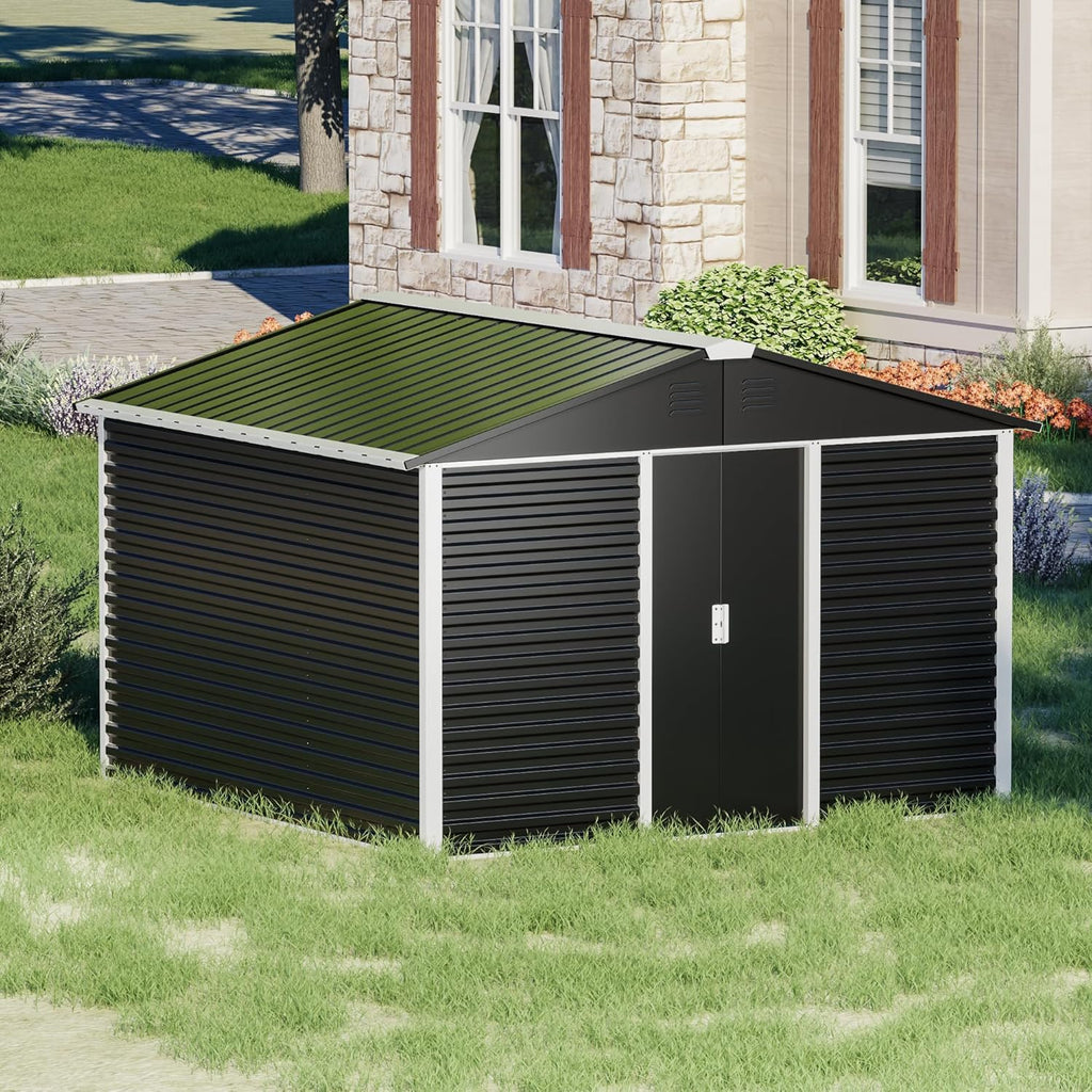 Metal Outdoor Storage Shed 10FT x 10FT, Steel Utility Tool Shed Storage House with Sliding Door, Metal Sheds Outdoor Storage for Backyard Garden Patio Lawn, Black