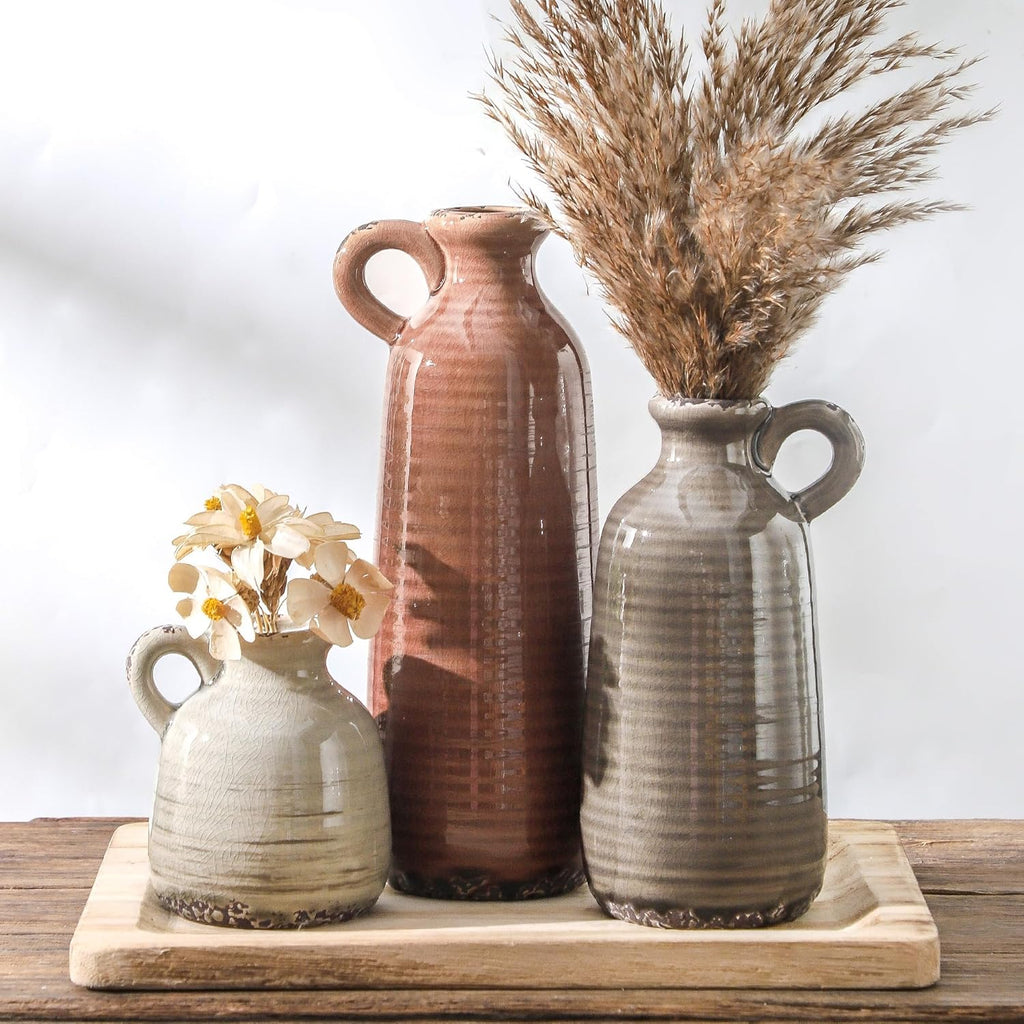 Ceramic Vases Set of 3, Neutral Rustic Farmhouse Vase with Handle, Decorative Flower Vases Home Decor Modern Boho Pampass Vase for Table Mantel Entryway Shelf Living Room Kitchen Bathroom - Brown
