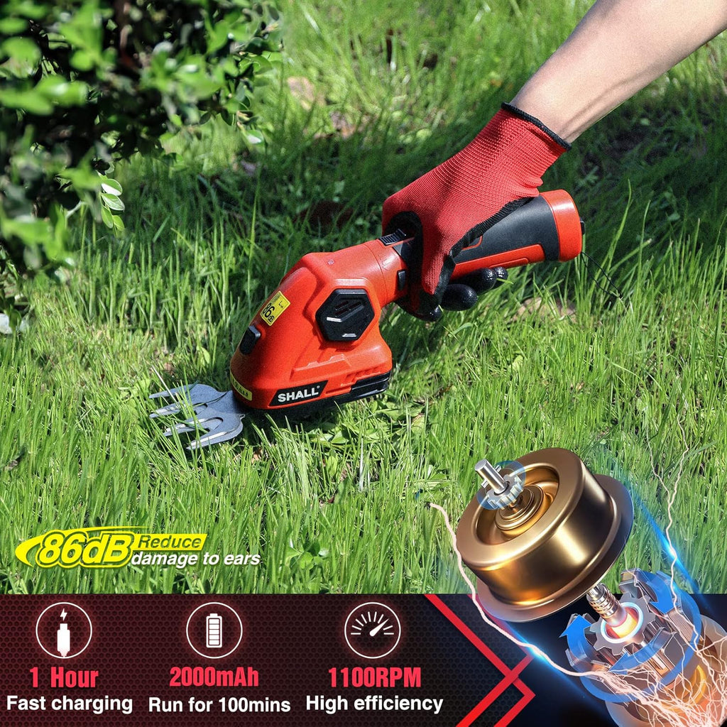 SHALL 2 in 1 Cordless Grass Trimmer & Hedge Shears - 7.2V Electric Shrub Cutter w/Pruning Scissors, Rechargeable Battery & Fast Charger