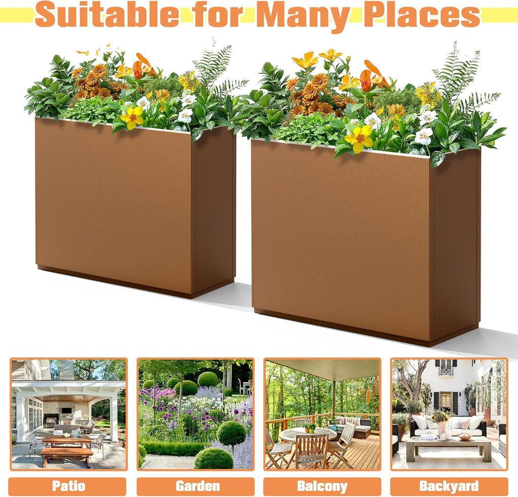 Rectangle Planter for Indoor & Outdoor, Tall and Long Planter Boxes with Drainage Holes, Mental Divider Planter Box All-Weather Use for Plants, Flowers, 29.9" L x 12" W x 24" H, Brown