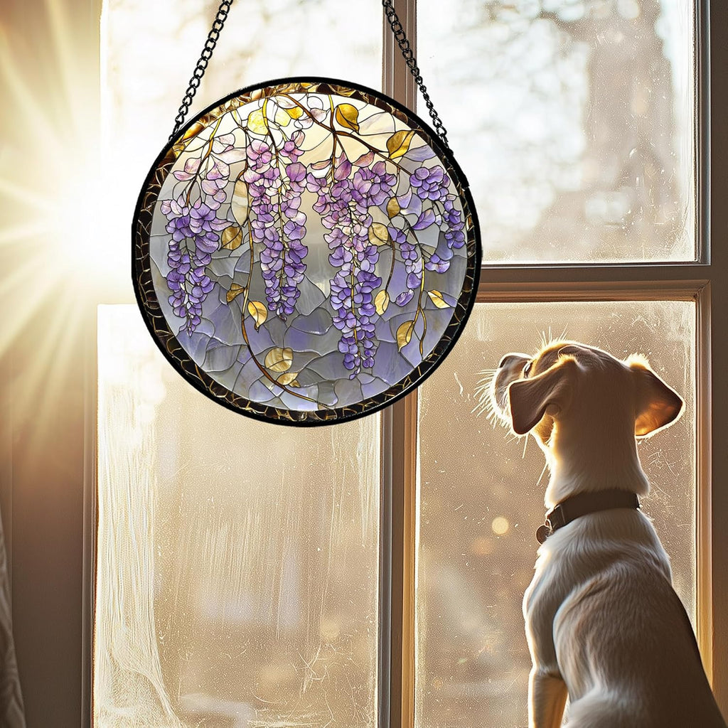 Stained Glass Window Hanging - Wisteria Flower Golden Leaves Sun Catcher for Door Home Decor Plant Suncatcher Christmas Mother's Day Birthday Gifts for Women Men Lovers Mom Nana 9.8 in