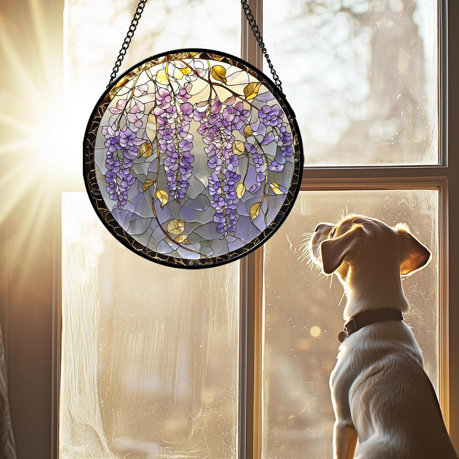 Stained Glass Window Hanging - Wisteria Flower Golden Leaves Sun Catcher for Door Home Decor Plant Suncatcher Christmas Mother's Day Birthday Gifts for Women Men Lovers Mom Nana 7.8 in